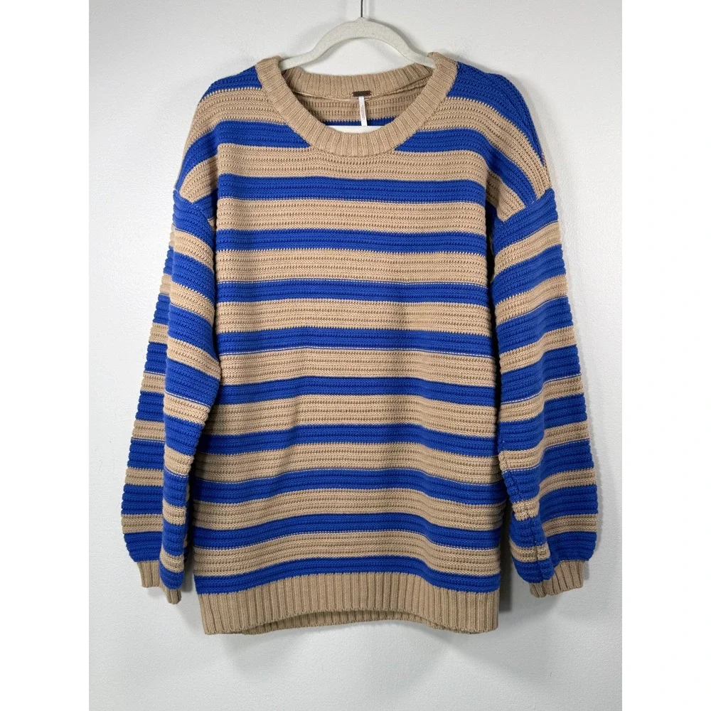 Free People Blue Tan Striped Oversized XS/S Ribbed Knit Balloon Sleeve Sweater